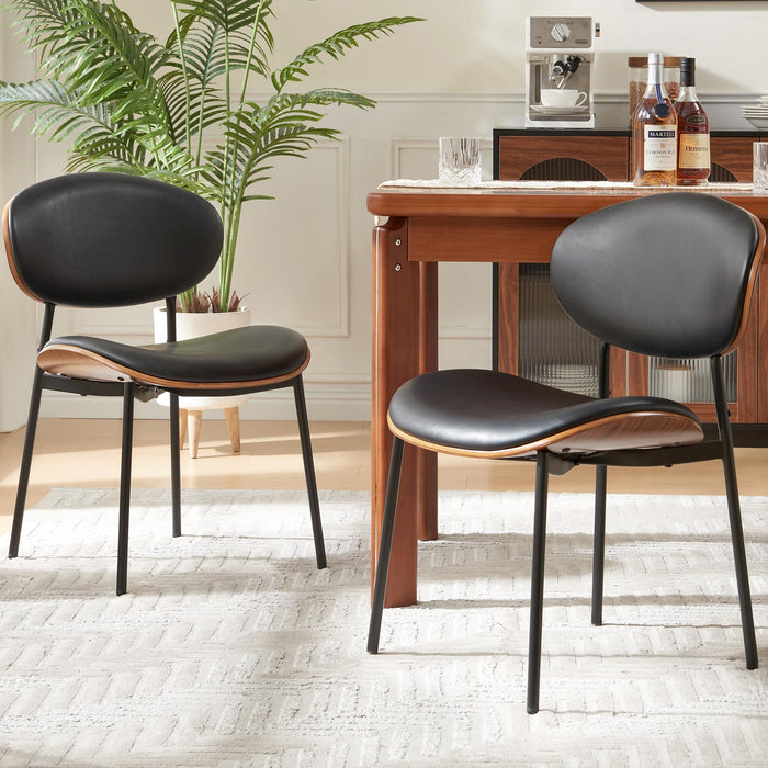Bedspick Mid-Century Modern Dining Chairs Set Of 2, PU Leather Upholstered Dining Room Chairs With Walnut Grain Back, Bentwood Kitchen Chairs With Adjustable Feetpads For Dining Room, Kitchen, Black (LOCAL PICKUP ONLY)