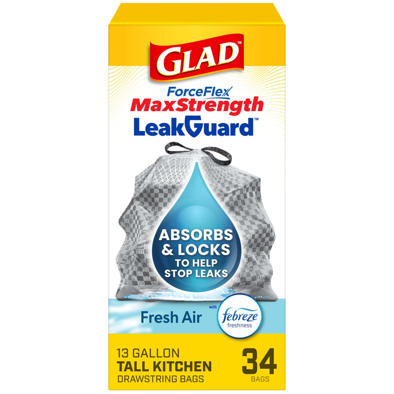 Glad Forceflex Maxstrength Leakguard Trash Bags, 13 Gal, Fresh Air, 34 Ct (Package May Vary)
