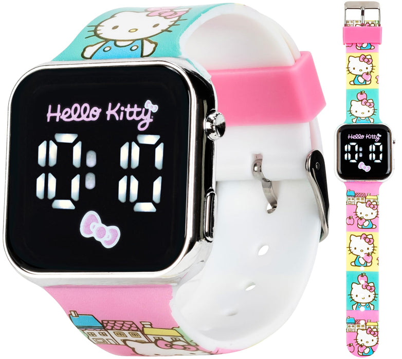 Accutime Hello Kitty Kids Touchscreen LED Watch With Sanrio Character Artwork And Town Scene Strap, Digital Display, Durable Silicone Band, Ages 6+, Fits Wrists 5.5"–8"