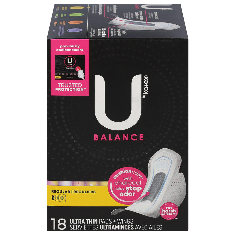 U By Kotex, Balance Regular Uitra Thin Pads + Wings, 18 Count