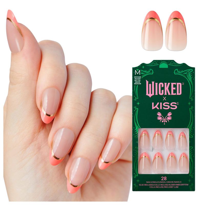 WICKED X KISS Press On Nails Almond, ‘Glamorous Gal’, Pink, Medium, Waterproof, Chip Proof, Smudge Proof, 28 Fake Nails, Pink Gel Nail Glue (2G), Mini Nail File, & Manicure Stick