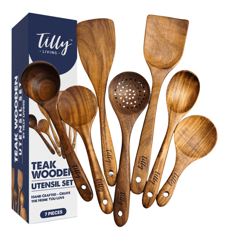Tilly Living Teak Wooden Utensil Set – Premium 7-Piece Natural Teak Kitchen Tools