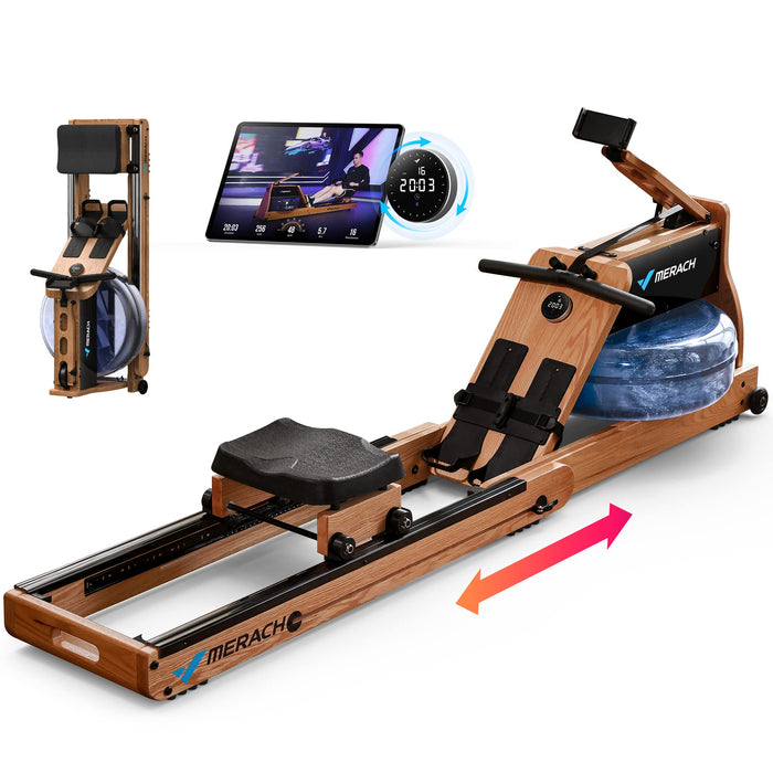 MERACH Foldable Wooden Rowing Machine, Water Electromagnetic Rower Machine For Home Use, Exclusive App Lifetime Membership, Patented Space Saver, MERACH Go Technology, 950 (LOCAL PICKUP ONLY)