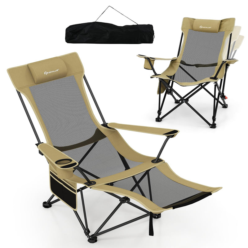 Goplus Camping Lounge Chair W/Detachable Footrest, Folding Beach Chair W/4-Position Backrest, Carrying Bag, Removable Pillow, Cup Holder, Storage Pouch, Reclining Chair, 330LBS Capacity (Green,1) (LOCAL PICKUP ONLY)