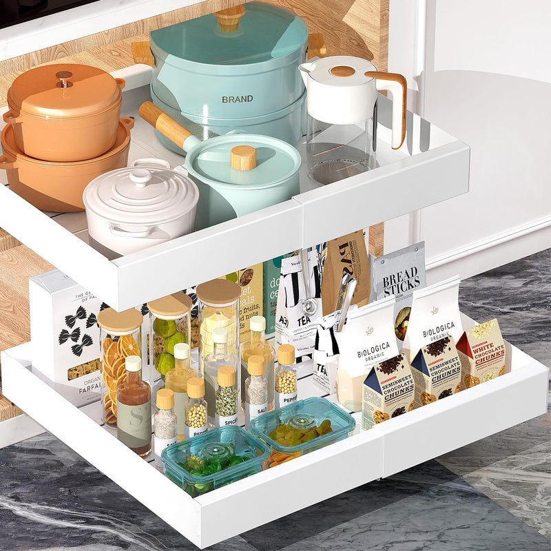 SPACEKEEPER Pull Out Cabinet Organizer, Extendable Slide Out Drawers For Cabinets With Adhesive Film 1 Pack Heavy Duty Pantry Shelves Storage And Organization For Kitchen Pantry Bathroom, White