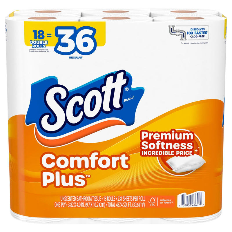 Scott, Comfort Plus Double Roll Toilet Paper, 18 Count
