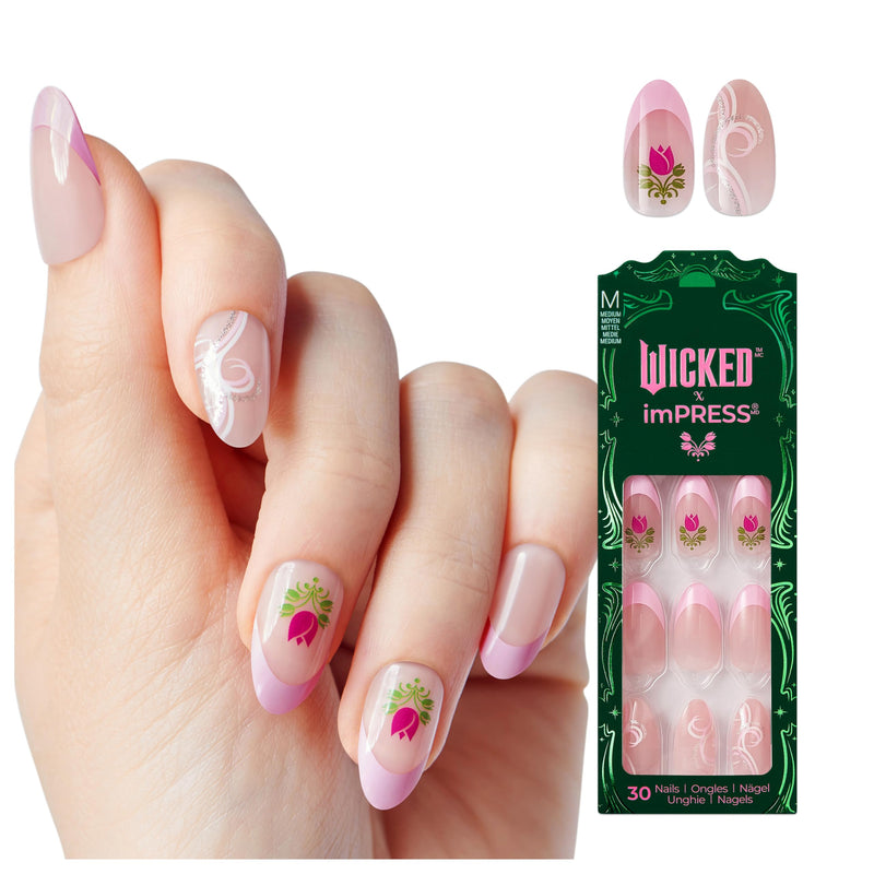 WICKED X Impress Press On Nails, New Improved Adhesive, Up To 10 Day Hold, ‘Tulip Harvest’, Pink, Medium Almond, Includes 30 Fake Nails, 1 Prep Pad, 1 Manicure Stick, 1 Mini File