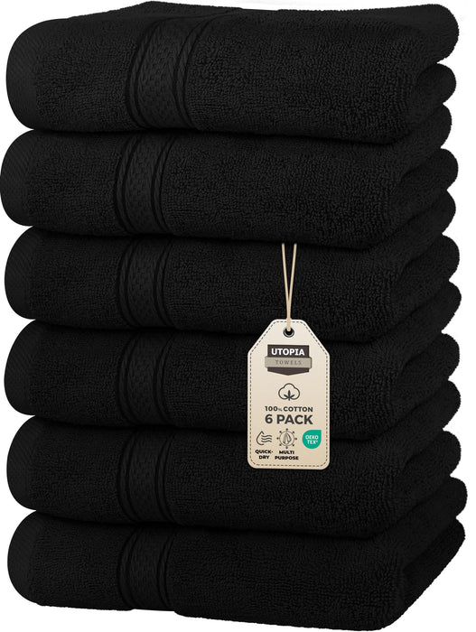 Utopia Towels 6 Pack Premium Hand Towels Set, 16 By 28 Inches, 100% Ring Spun Cotton, Ultra Soft And Highly Absorbent 600GSM Towels For Bathroom, Gym, Shower, Hotel, And Spa, Black