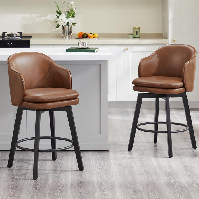 Counter Height Barstools 26 Inch Upholstered Swivel Bar Stools With Back And Wood Legs For Kitchen Island,Set Of 2,Brown PU Leather (LOCAL PICKUP ONLY)