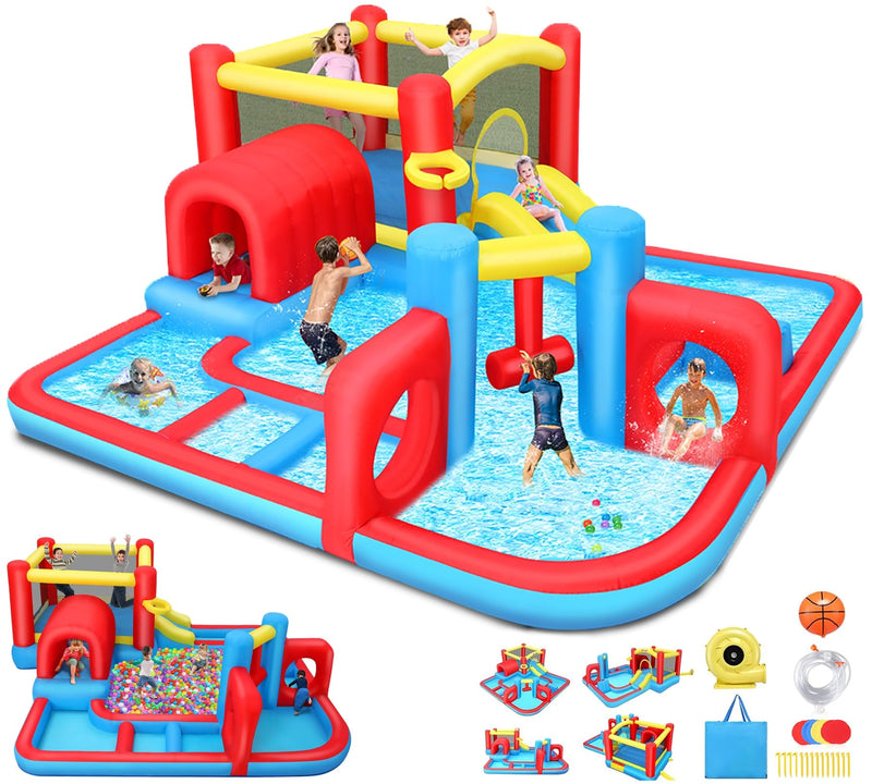 AS IS slightly used Bounce House Waterslide For Kids 3-12 W/Blower, 14.3 X 14.3FT Inflatable Obstacle Course W/Jump Area, Divided Ball Pit, Slide, Obstacle, Punching Bag, Basketball Hoop & Tunnels For Indoor/Outdoor (LOCAL PICKUP ONLY)
