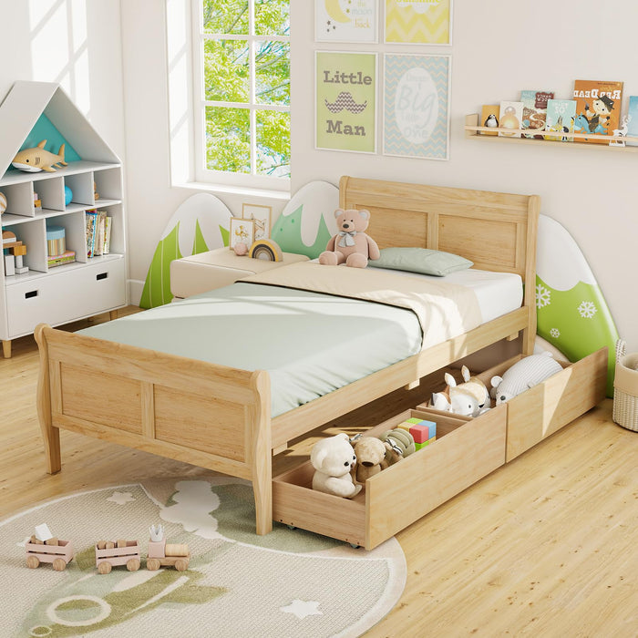 KOMFOTT Twin Bed With 2 Drawers, Twin Storage Bed With Headboard & Footboard, Sleigh Wood Bed Frame With Wooden Slats Support For Kids, Teens, Adults, No Box Spring Needed (LOCAL PICKUP ONLY)