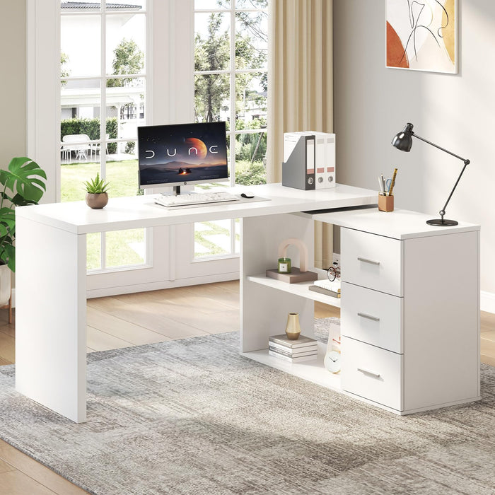 HSH White L Shaped Desk With Drawers Shelves, 360 Rotating L Shape Computer Desk With Storage Cabinet, Corner Home Office Desk Computer Table,55 Inch (LOCAL PICKUP ONLY)