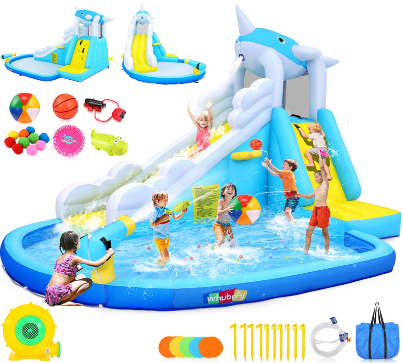 12X8.5 FT Inflatable Water Slide For Kids Backyard W/6 Water Toys & Inflatable Balls, Blow Up Waterpark W/Whale Spout Slide, Splash Pool, Climbing Wall, Basketball Rim, Water Cannon Indoor/Outdoor (LOCAL PICKUP ONLY)