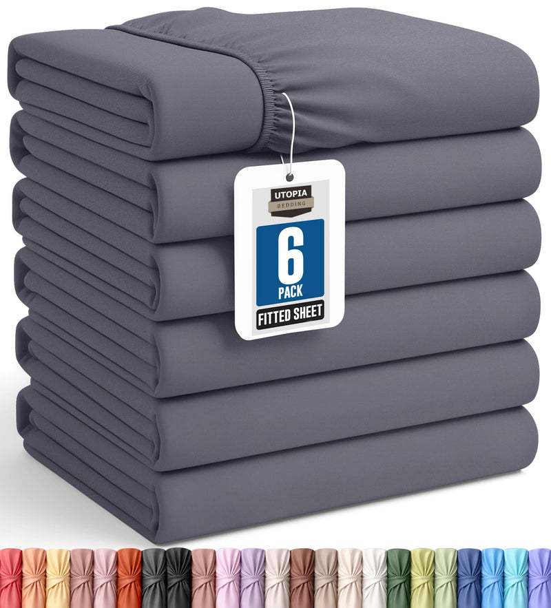 Pack Of 6 Twin XL Fitted Sheet, Fits Up To 16 Inch Deep Pocket, Grey