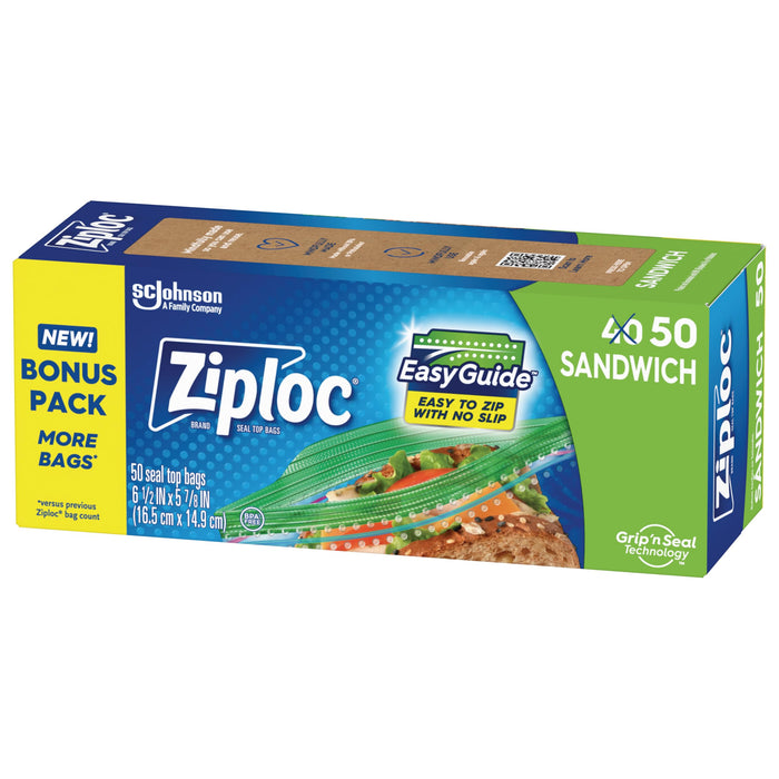 Ziploc Sandwich And Snack Bags With Easyguide Texture, Plastic Storage Bags With Grip 'N Seal Technology, 50 Bags Total
