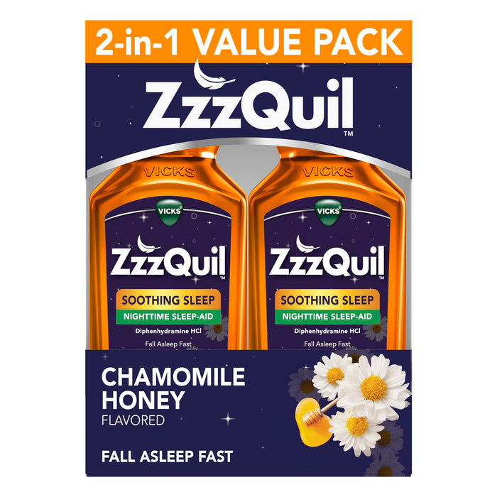 Zzzquil Liquid Sleep Aid, Soothing Sleep, Diphenhydramine 50Mg Hcl, Chamomile Honey Flavored, Nighttime Sleep Aid Liquid, Sleep Aids For Adults, 2 Pack, 24 FL OZ