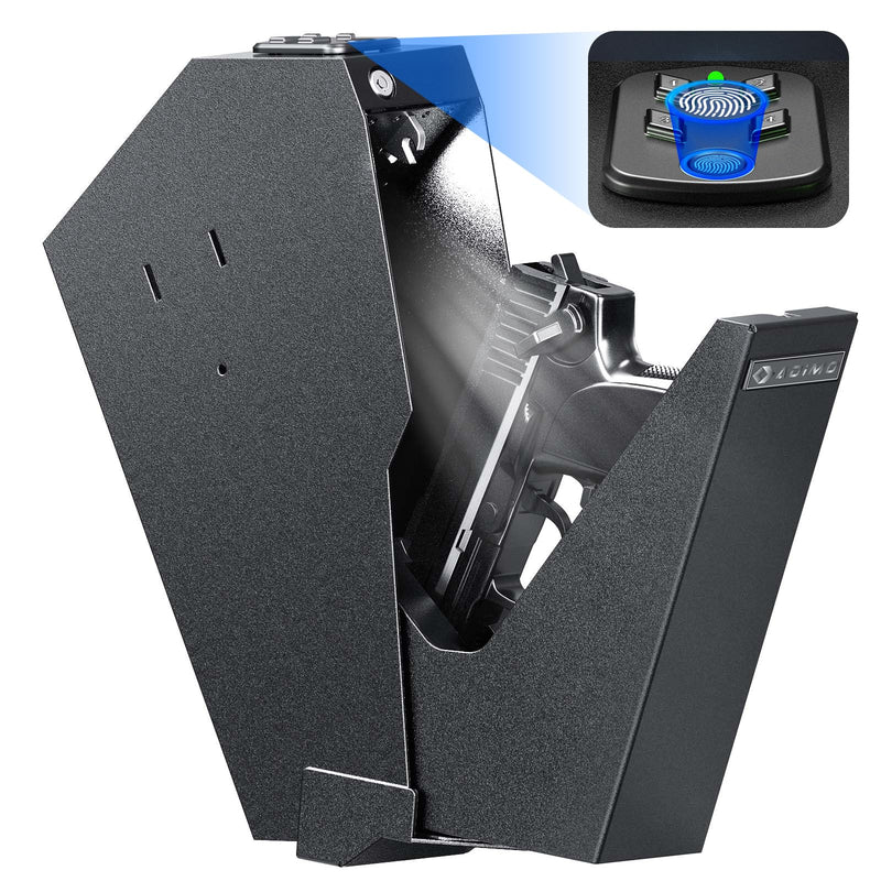 ADIMO Gun Safe For Handgun, Biometric Pistol Safe Fingerprint Quick Access Drop Down Single Mount Gun Safe With Keypad Lock And Key Lock, For Nightstand Wall Mount Bedside Desk Vehicle Bed
