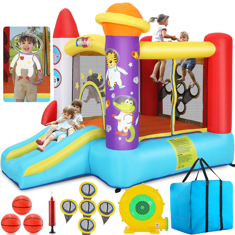 Whubefy Inflatable Bounce House For Kids 3-6 Small Space Rocket Bouncy Castle With Slide & Blower, Animal Astronaut Role-Play, Ball Toss Game For Indoor Playroom Backyard Gathering Birthday Party (LOCAL PICKUP ONLY)