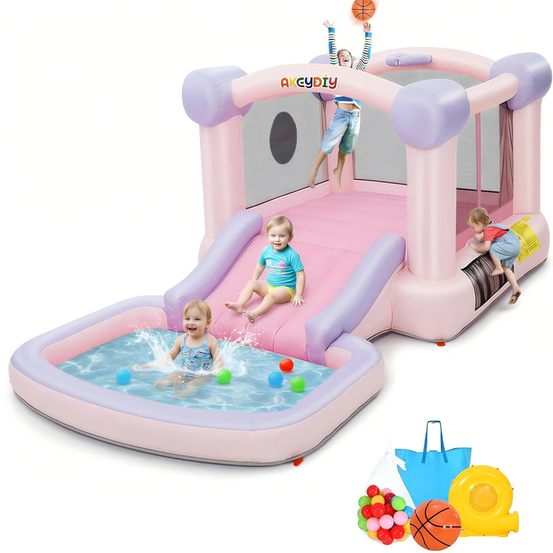 AKEYDIY Bounce House For Kids, Pastel Bouncer With Slide, Pink Inflatable Jumping Bouncy Castle For Birthday Party Gifts Outdoor & Indoor, UL Blower Included (LOCAL PICKUP ONLY)