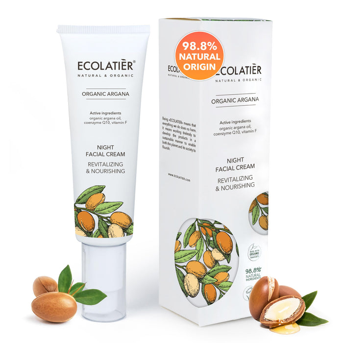 Night Cream With Organic Argan Oil – Revitalizing & Nourishing, Anti-Aging Face Moisturizer With Vitamin C, Vegan, 97.7% Natural Ingredients, 1.7 Fl Oz - ECOLATIER