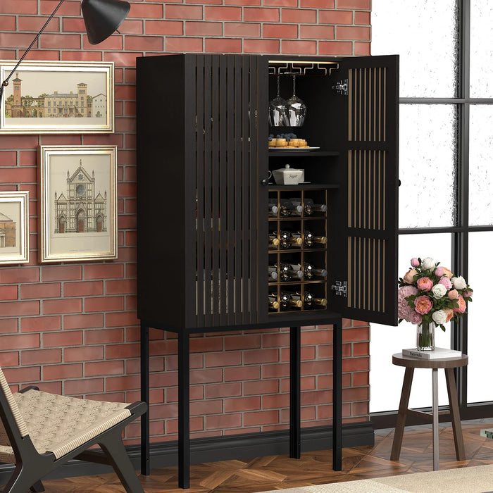 AMNOOI Tall Wooden Wine Bar Cabinet With Removable Wine Racks, 12-Bottle Storage, Stemware Slots, Drawer – Coffee Bar & Pantry Storage For Dining, Living Room, Or Kitchen (Grey) (LOCAL PICKUP ONLY)