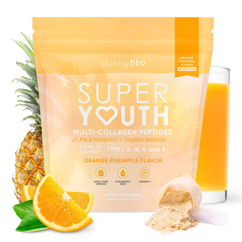 Skinnyfit - Super Youth Collagen For Women - Multi Collagen Peptides Powder - Probiotics, Fiber, Hyaluronic Acid - Non GMO, Gluten Free, Sugar Free - Beauty - Orange Pineapple (28 Servings)