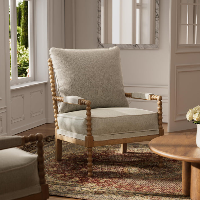 Morden Fort Linen Fabric Spindle Accent Chair With Wood Frame, French Style Accent Chairs With Padded Spring Seat And Armrest Pads, Brushed Base For Living Room Bedroom Farmhouse Office Balcony(Beige) (LOCAL PICKUP ONLY)