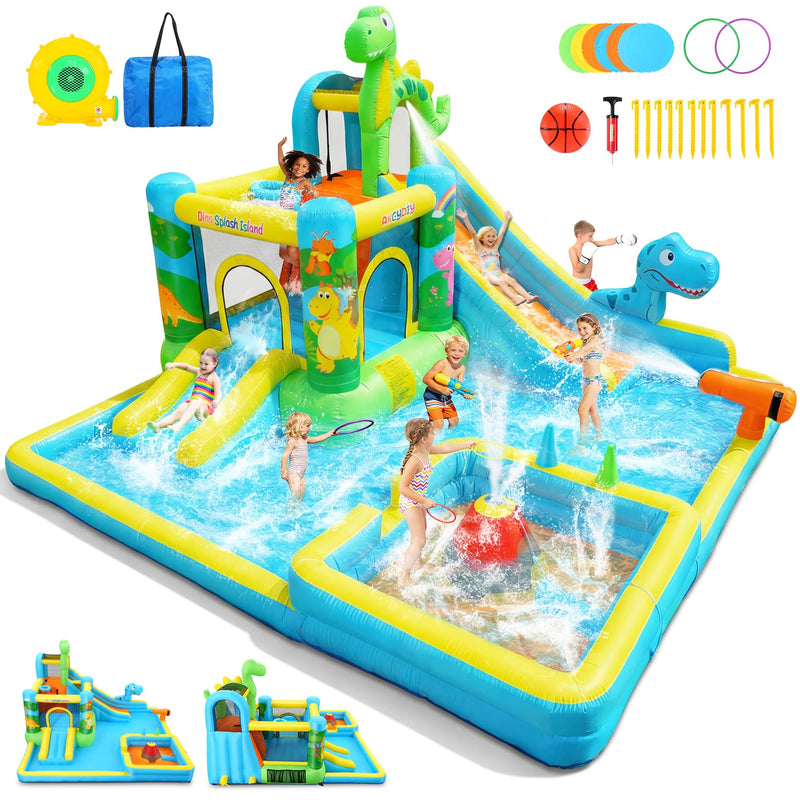 AKEYDIY Inflatable Water Slide,13 In 1 Dinosaur Themed Bounce House Water Park For Kids 3-12 With Dual Big Splash Pool&Long Slide,Ring Toss Game,Water Cannon And 550W Blower For Outdoor Backyard (LOCAL PICKUP ONLY)