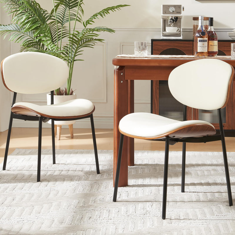 Bedspick Mid-Century Modern Dining Chairs Set Of 2, PU Leather Upholstered Dining Room Chairs With Walnut Grain Back, Bentwood Kitchen Chairs With Adjustable Feetpads For Dining Room, Kitchen, White (LOCAL PICKUP ONLY)