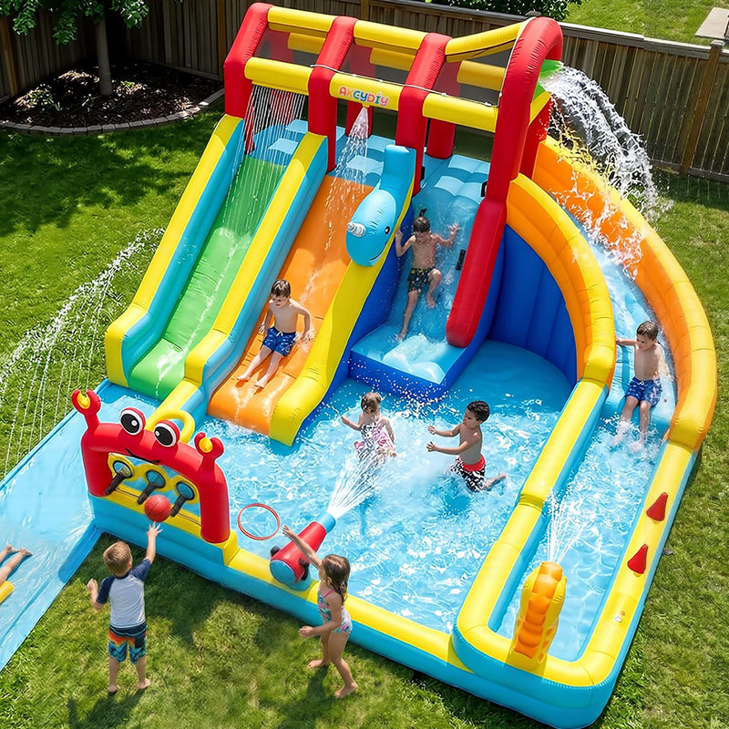 Whubefy 25.6Ft Triple Ocean Splash Inflatable Water Slide Park, 16.3Ft Detachable PVC Sprinkler Slide Wth Bodyboards, Dump Bucket, Crab Ring Toss & Target Toss Station, Deep Pool For Kids Backyard Fun (LOCAL PICKUP ONLY)