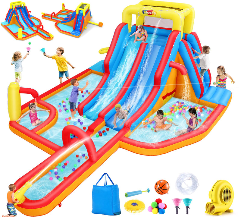 USED Whubefy 18X14ft Mega Inflatable Water Slide For Kids W/Extra Long Slide, 15-In-1 Wet Or Dry Waterpark Bounce House - Dual Slide/2 Climbing Wall/Giant Splash Pool/Basketball Rim/Water Cannon/Blower (LOCAL PICKUP ONLY)