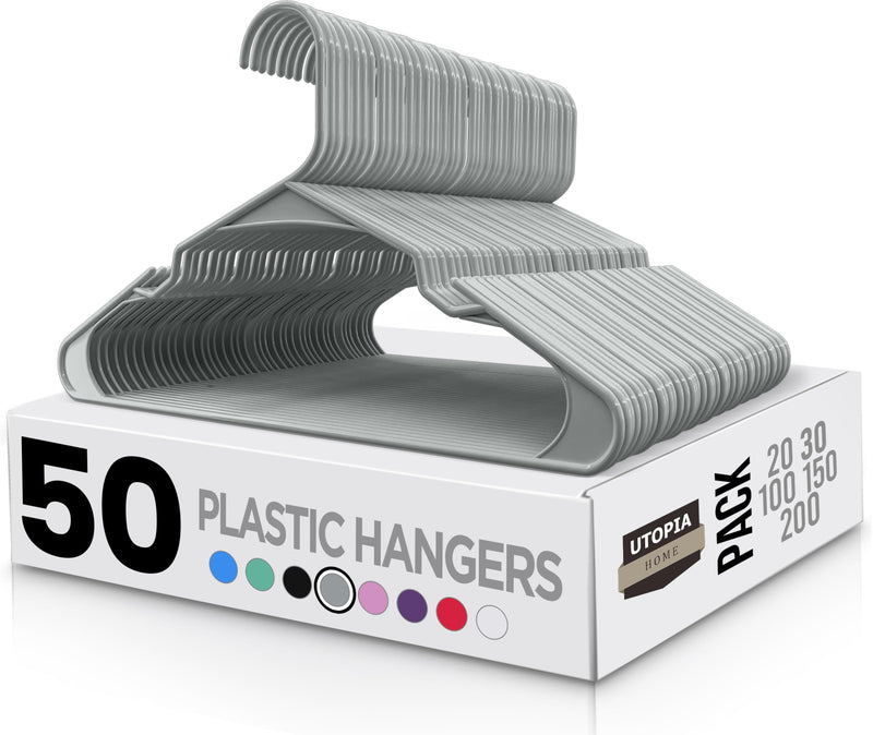 Utopia Home Plastic Hangers 50 Pack - Perfect Space Saving Clothes Hanger - Durable And Strong - Perfect Closet Organizers With Shoulder Grooves (Grey)