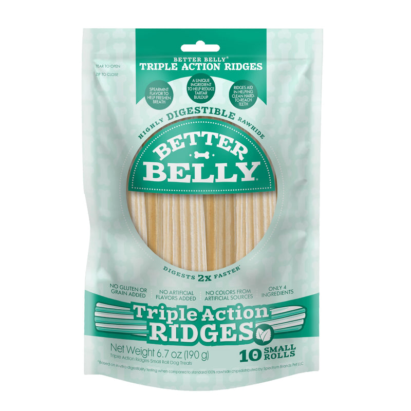 Better Belly Triple Action Ridges Small Rolls, 10 Count, Highly Digestible Rawhide For Dogs
