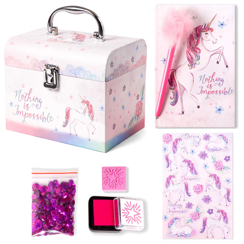 VOTUM Unicorn Stationery Gift Set For Girls - Journal, Fluffy Pen, Stickers, Stamp & Sequins In Lockable Keepsake Box - Perfect Birthday, Holiday, Or Back-To-School Gift For Kids Ages 6-12
