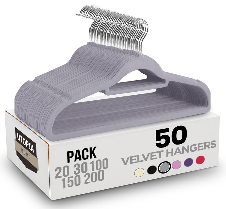 Utopia Home Premium Velvet Hangers 50 Pack - Non-Slip Clothes Hanger With Tie Bar - Grey Hangers With 360 Degree Rotatable Hook - Heavy Duty Coat Hanger
