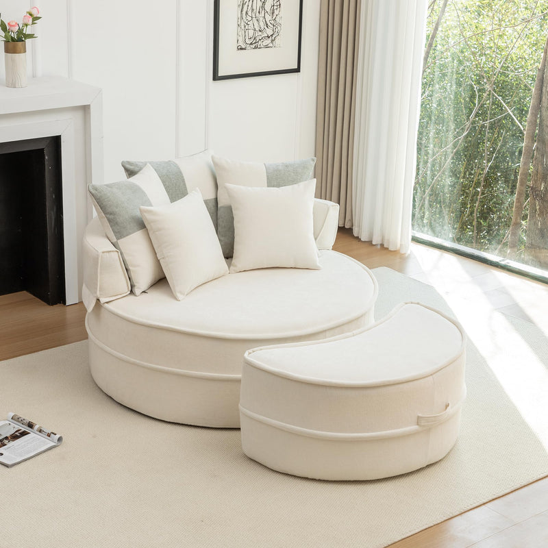 Oversized Round Accent Barrel Chair With Half Moon Ottoman & 5 Pillows, Cozy Chenille Upholstered Lounge Sofa,No Assembly Required Deep Seat Chaise Longue For Living Room Bedroom (Beige, 1 Seat) (LOCAL PICKUP ONLY)