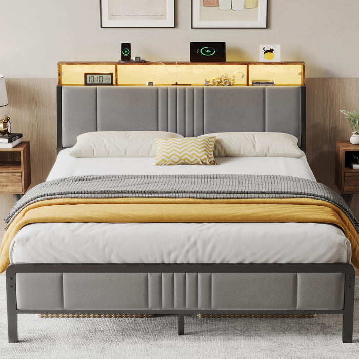 Bedspick Queen Bed Frame With Ergonomic Headboard, Upholstered Metal Platform Bed Queen Size With 2-Tier Storage, Charging Station, Smart LED Lights, Easy Assembly, No Box Spring Needed, Gray (LOCAL PICKUP ONLY)
