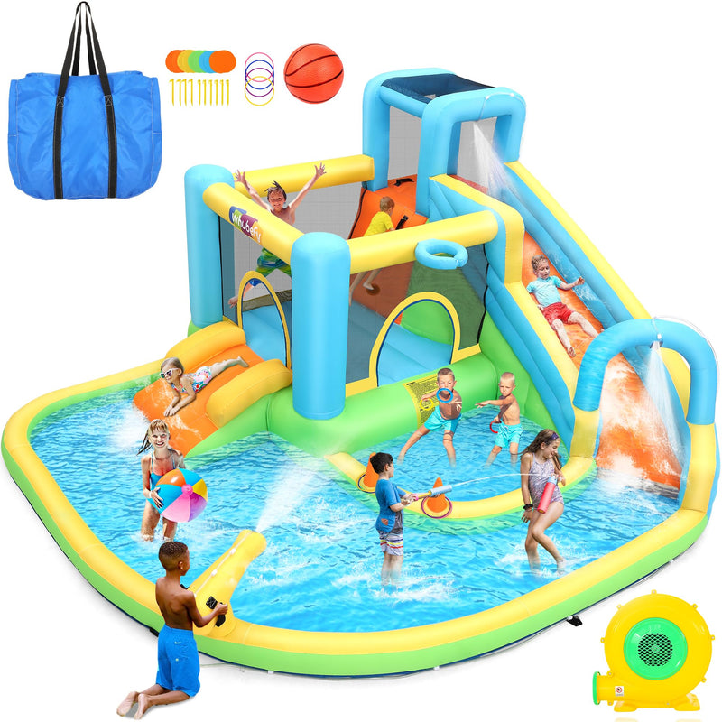 USED Whubefy 12.8X12ft Large Water Bounce House For Big Kids 3-12, 13-In-1 Inflatable Bounce House Water Slide -Splash Pool,2 Slide,Water Spray Arch, Blow Up Bouncy Castle Waterslide Park For Kids Backyard (LOCAL PICKUP ONLY)