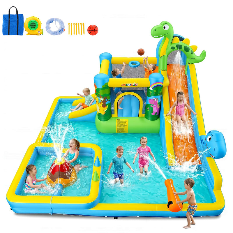 AKEYDIY Inflatable Water Slide For Backyard, Dinosaur Bounce House With Dual Lane Slides, Climbing Wall, Splash Pool & Water Cannon, Heavy Duty Blow Up Water Park For Kids Age 3-12 (LOCAL PICKUP ONLY)
