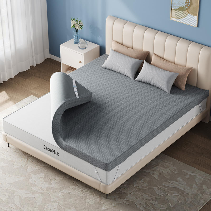 Bedspick Twin Mattress Topper, 2 Inch Cooling Gel Memory Foam Topper - Soft Grey Cover With Adjustable Straps, Pressure Relief, Certipur-US Certified