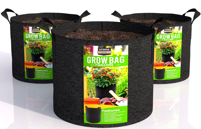 Utopia Home 3-Pack 7 Gallon Fabric Grow Bags, Heavy Duty Thickened Fabric Planters Pots, Aeration Fabric Pots With Handles, Nonwoven Fabric Bags Suitable For Vegetables Flowers Mushroom (Black)