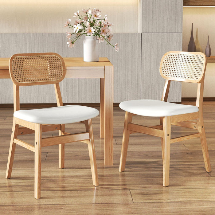 ROCITY Rattan Dining Chairs Set Of 2 Beige Linen Fabric Dining Room Chairs Natural Wooden Kitchen Chairs Farmhouse Boho (LOCAL PICKUP ONLY)
