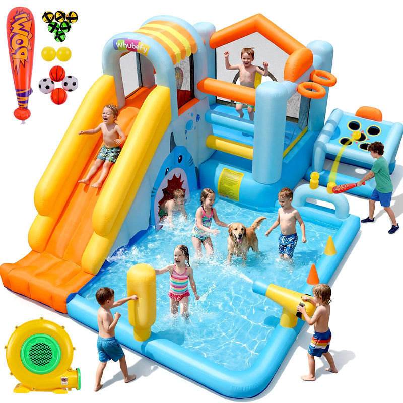 16-In-1 Shark Inflatable Water Slide Bounce House For Kids Backyard, 14.2X10ft Water Park Jump Castle With Obstacle Bouncy/Splash Pool/Tunnel/5 Hole Pitching Net/Soccer Goal/Baseball For Kids 3-6 8-12 (LOCAL PICKUP ONLY)