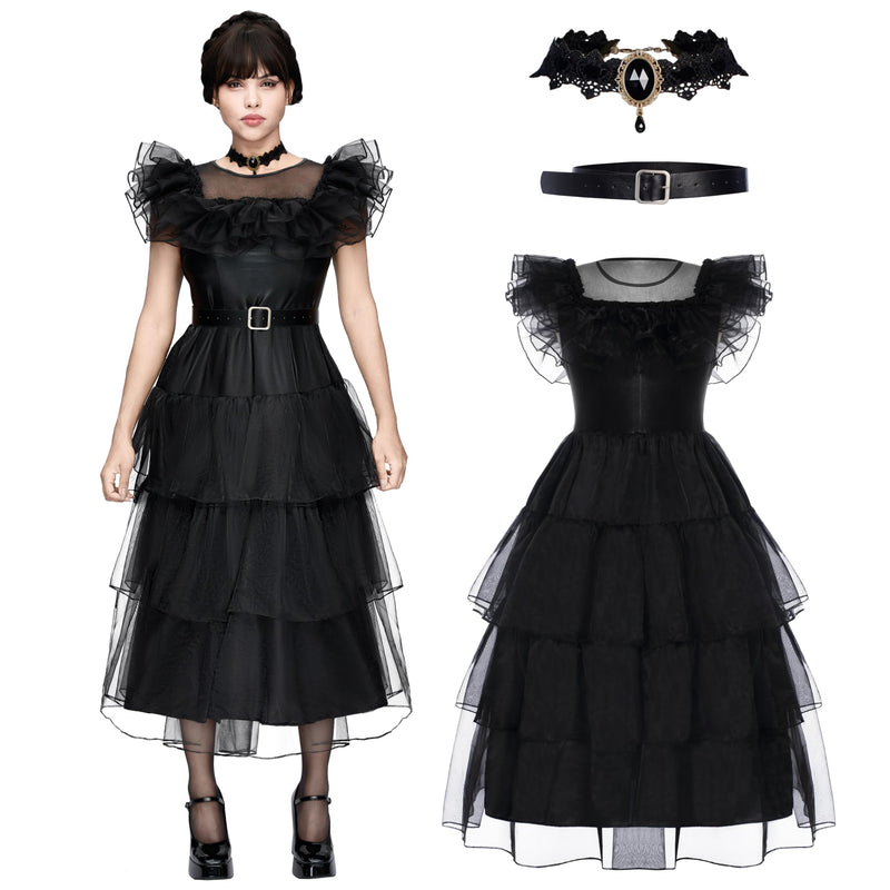 Spooktacular Creations Halloween Women Black Family Costume, Black Gothic Dress Adult With Belt & Necklace, Halloween Costume Women For Role-Playing Cosplay Party (Medium)