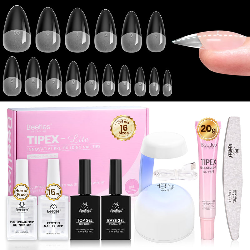Beetles Tipex Lite Kit With Nail Prep Dehydrator & Primer, Medium Almond, 256PCS 16 Sizes, Mini UV Lamp, 20G Solid Glue, Base & Top Coat, All-In-One DIY Starter Kit
