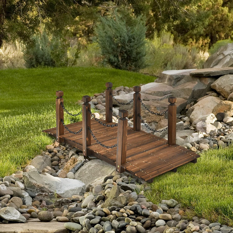 HAPPYGRILL 5FT Wooden Bridge, Decorative Small Arc Pond Bridge Landscaping Bridge With Safe Chain Railings, Garden Bridges For Outdoors, Backyard, Garden Farm, Courtyard (LOCAL PICKUP ONLY)