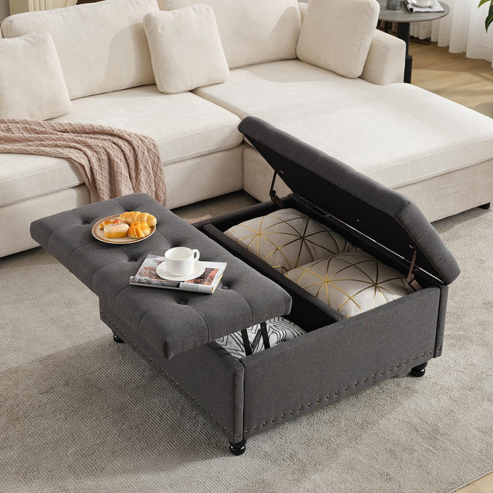 Tbfit Large Square Storage Ottoman Bench, Tufted Upholstered Coffee Table Ottoman With Lift Top & Wooden Legs, Oversized Storage Ottomans Toy Box For Living Room (Dark Grey) (LOCAL PICKUP ONLY)