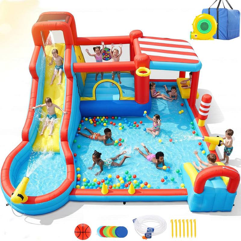 Inflatable Water Slides, 18-In-1 Bounce House Water Park With Long Slide, Basketball Hoop, Splash Pool&Sunshade, Outdoor Water Play Center For Ages 3-12, Backyard Summer Fun With Blower (Corner Store) (LOCAL PICKUP ONLY)