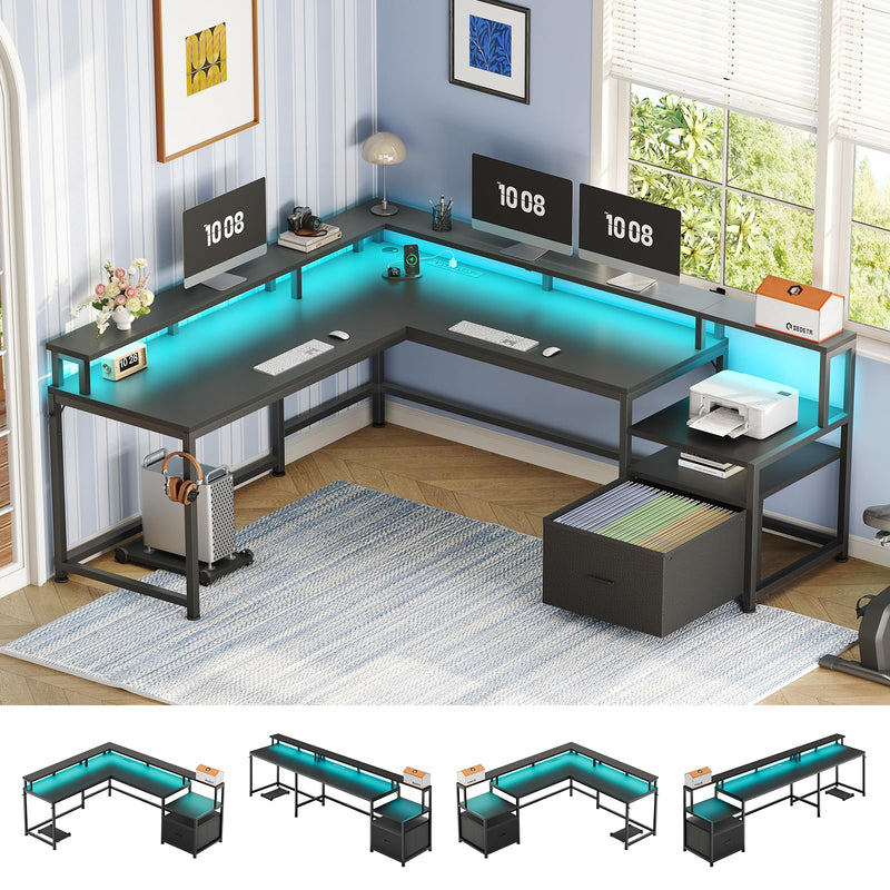 SEDETA 66" Reversible L Shaped Computer Desk With Power Outlet, File Drawer (LOCAL PICKUP ONLY)