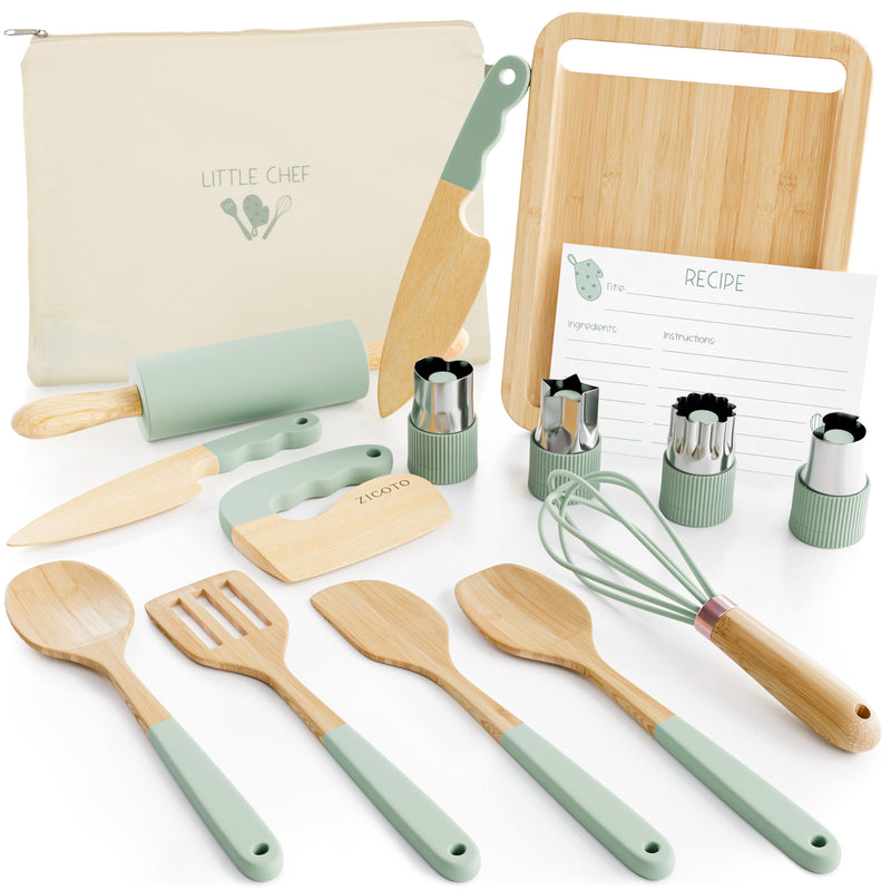 Wooden Cooking & Baking Set For Kids - Safe & Real Kitchen Tools Give Toddlers A Fun Cooking Experience - Durable Utensils Are Perfect For Gifting To Create Lasting Family Memories